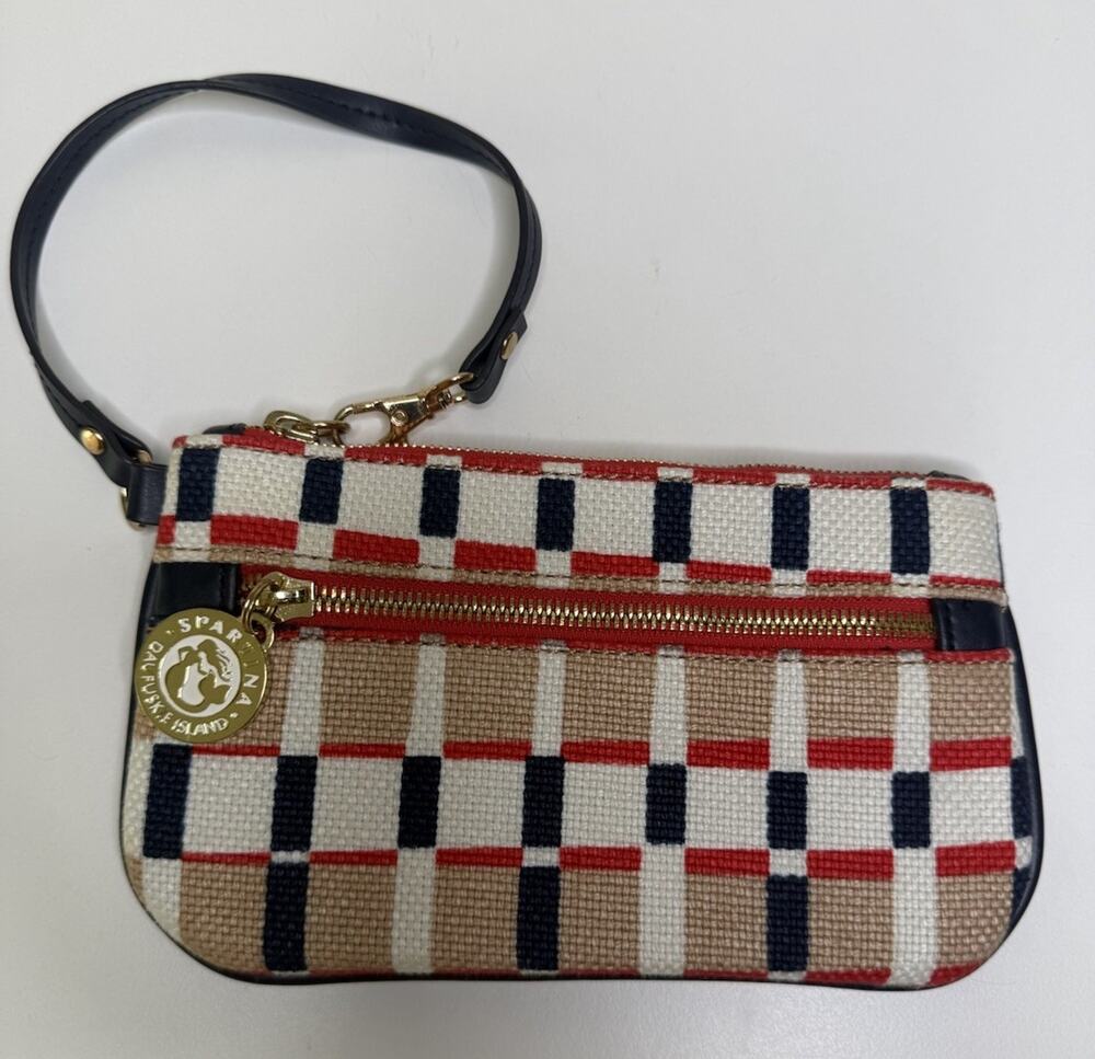 Spartina 449 Daufuskie Island Wristlet Red Cream Linen Blue Leather Trim Zip